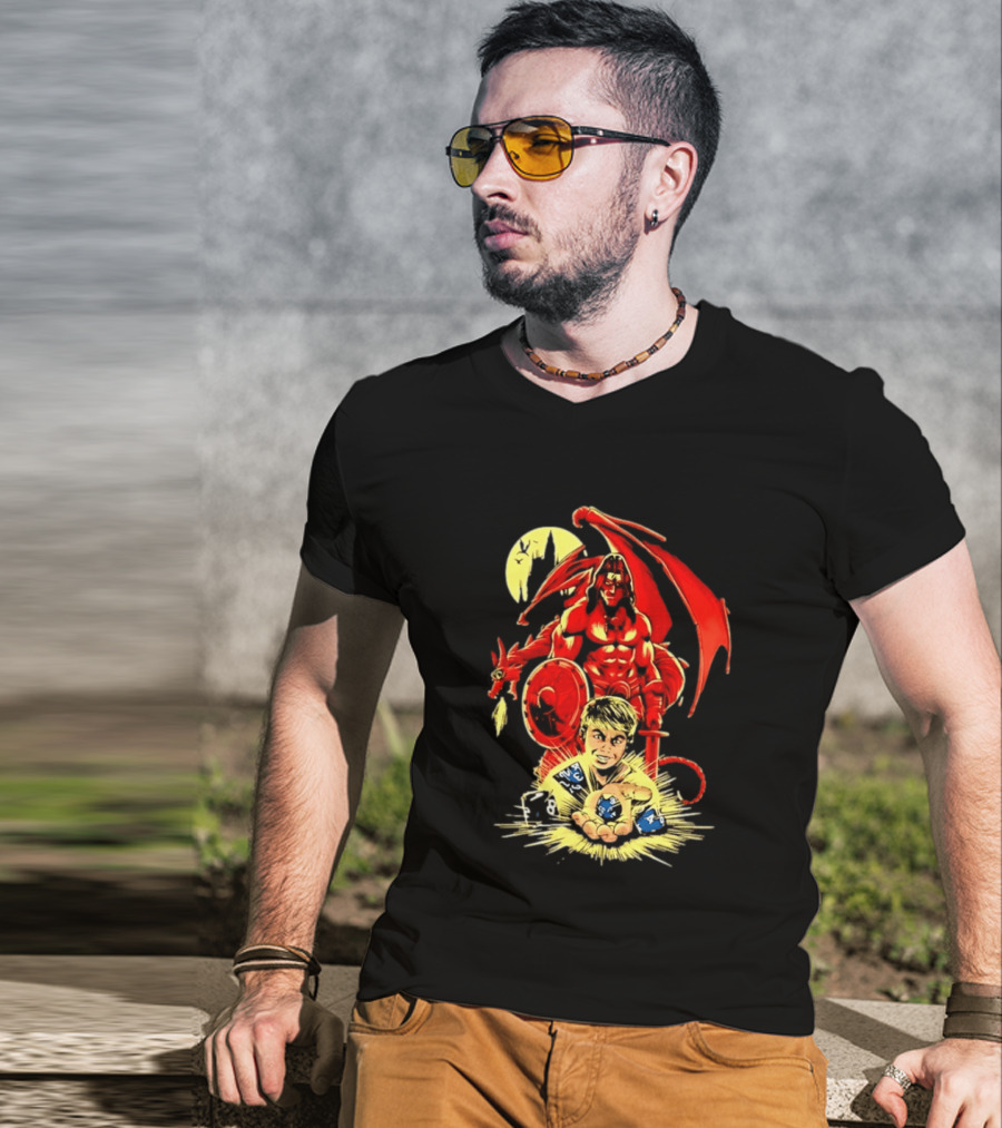 Dungeons And Dragons Player With Red Dragon And Blue Dice Adventure T-Shirt