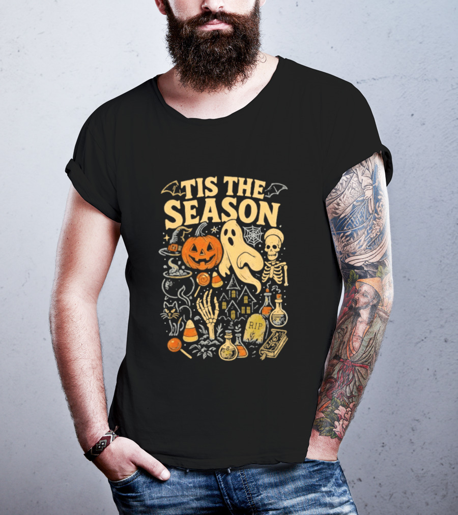 Tis The Season Halloween Pumpkin Ghost Skeleton Bats Candy T-Shirt