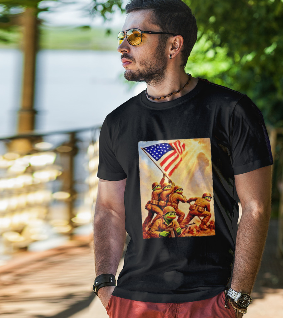 Pepe The Frog American Flag Soldiers Together We Win WWII Iwo Jima Memorial T-Shirt
