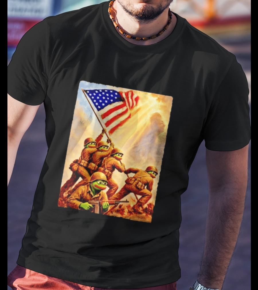 Pepe The Frog American Flag Soldiers Together We Win WWII Iwo Jima Memorial T-Shirt
