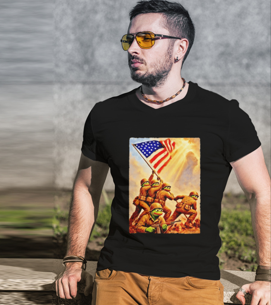 Pepe The Frog American Flag Soldiers Together We Win WWII Iwo Jima Memorial T-Shirt