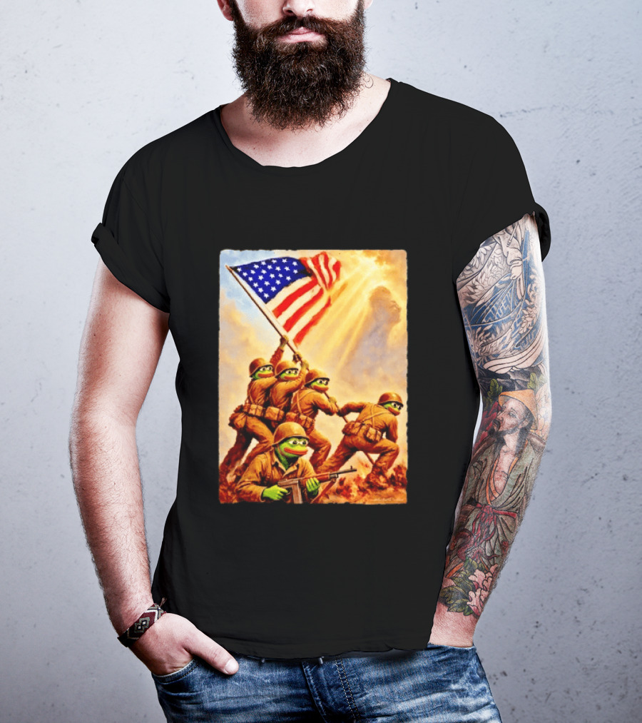 Pepe The Frog American Flag Soldiers Together We Win WWII Iwo Jima Memorial T-Shirt