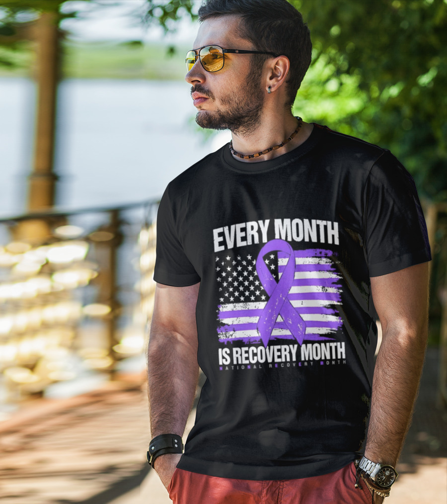 Every Month Is Recovery Month Purple Ribbon American Flag National Recovery Month T-Shirt