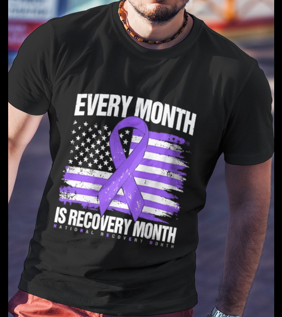Every Month Is Recovery Month Purple Ribbon American Flag National Recovery Month T-Shirt