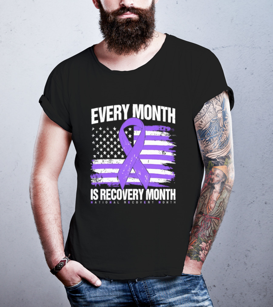 Every Month Is Recovery Month Purple Ribbon American Flag National Recovery Month T-Shirt