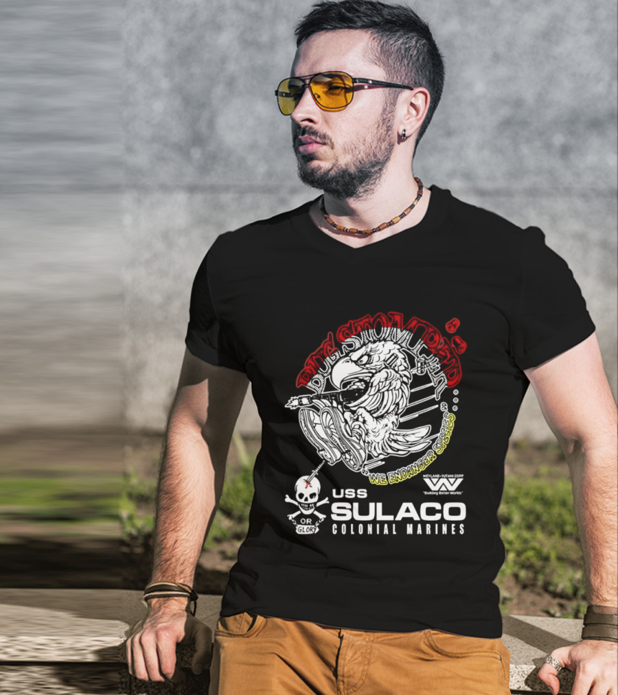 USS Sulaco Colonial Marines Bug Stomper We Endanger Species Weyland Yutani Corp Skull T-Shirt
