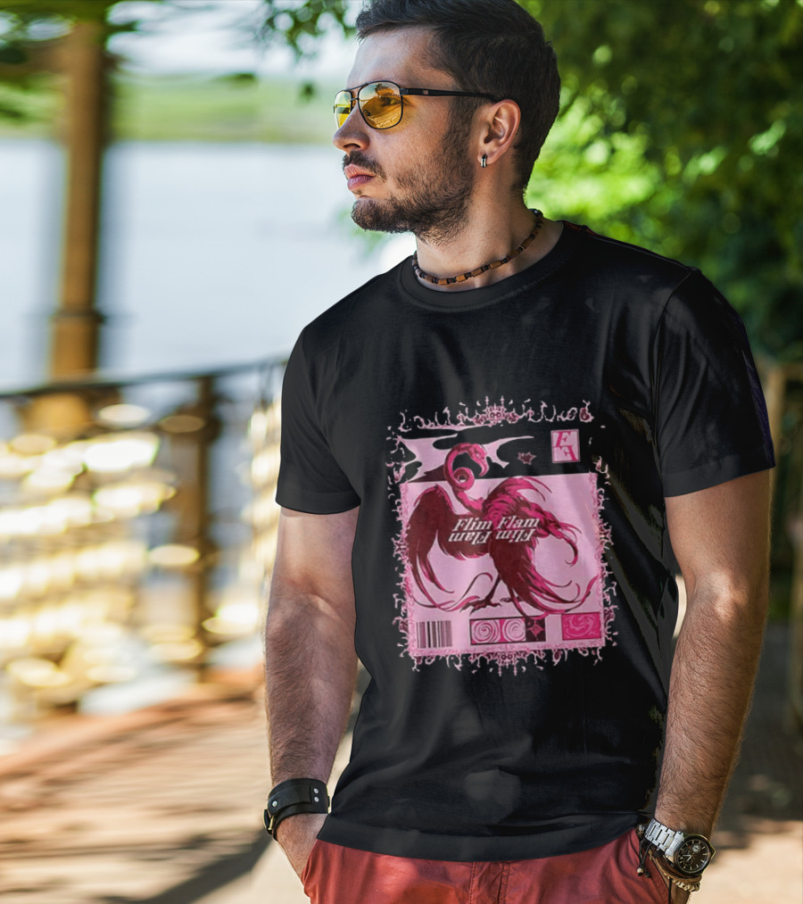 Flim Flam Flamingo Barcode Pink Swirl Border T-Shirt