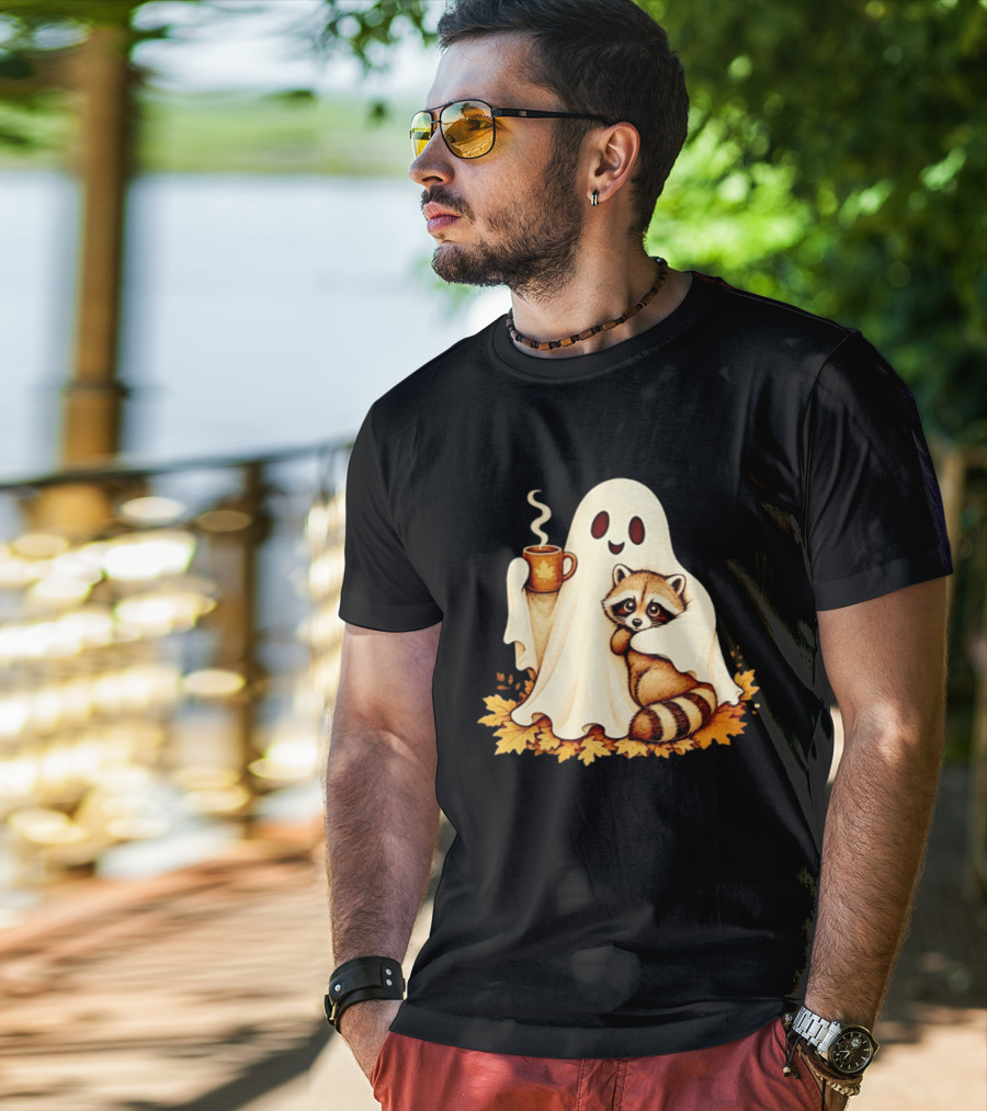 Ghost Hugging Raccoon With Coffee And Autumn Leaves T-Shirt