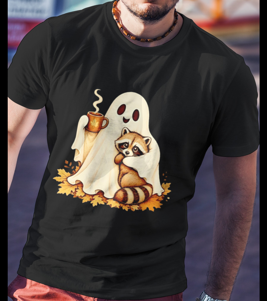 Ghost Hugging Raccoon With Coffee And Autumn Leaves T-Shirt