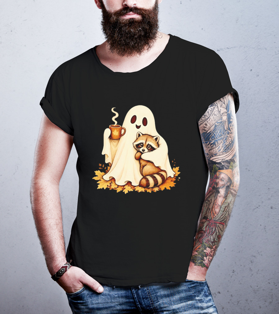 Ghost Hugging Raccoon With Coffee And Autumn Leaves T-Shirt