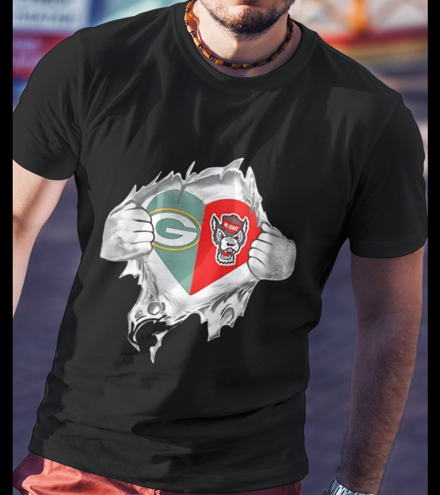 Green Bay Packers NC State Wolfpack Heart Superman Chest Rip T-Shirt