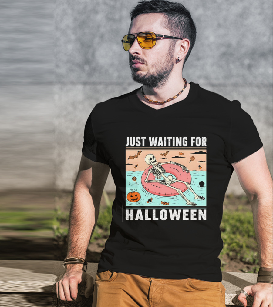 Just Waiting For Halloween Skeleton Pool Float With Candy And Pumpkin T-Shirt