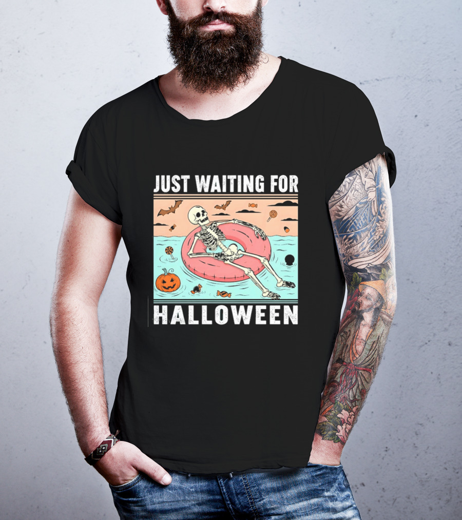 Just Waiting For Halloween Skeleton Pool Float With Candy And Pumpkin T-Shirt