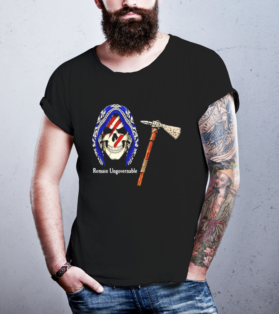 Skull With Tomahawk Remain Ungovernable Hooded Skeleton Red Marks T-Shirt