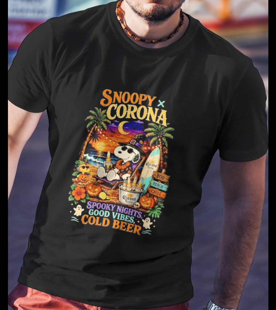 Snoopy X Corona Boo Beach Chill Spooky Nights Good Vibes Cold Beer T-Shirt