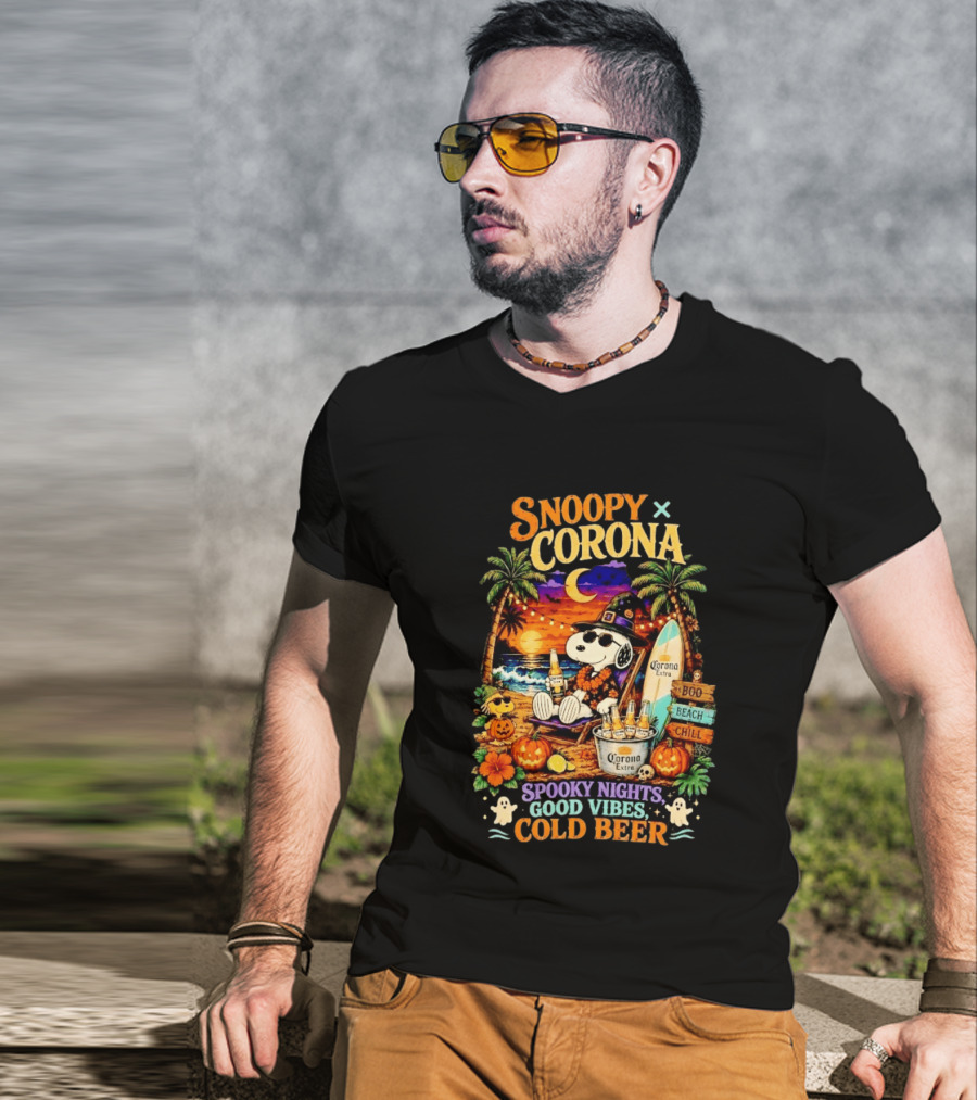 Snoopy X Corona Boo Beach Chill Spooky Nights Good Vibes Cold Beer T-Shirt