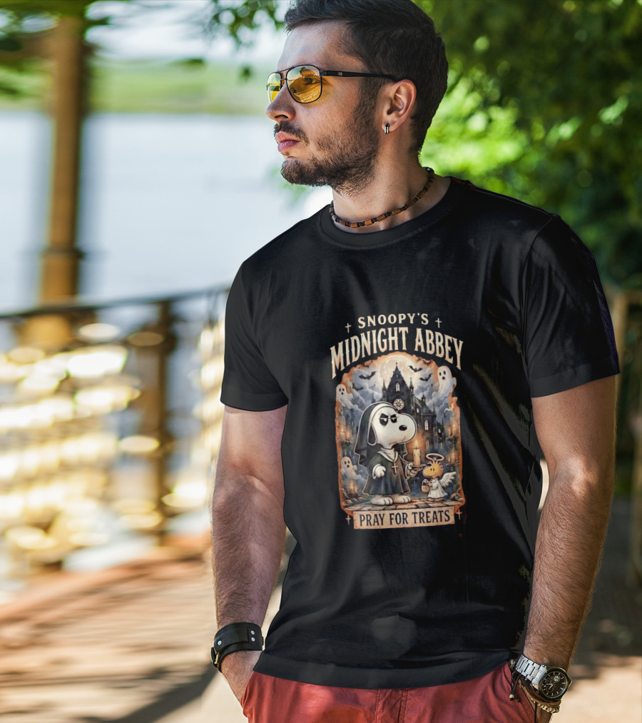 Snoopy's Midnight Abbey Pray For Treats Halloween Cathedral Scene T-Shirt