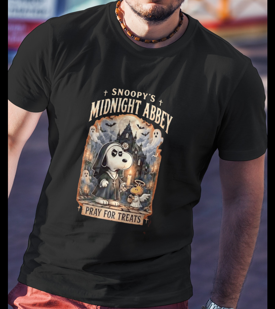 Snoopy's Midnight Abbey Pray For Treats Halloween Cathedral Scene T-Shirt