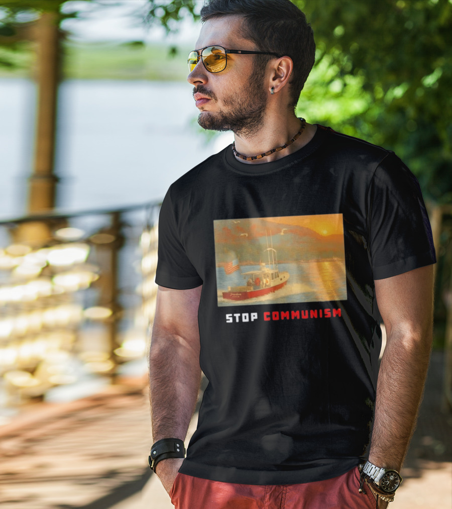 Stop Communism Freedom Boat American Flag Sunset Landscape T-Shirt