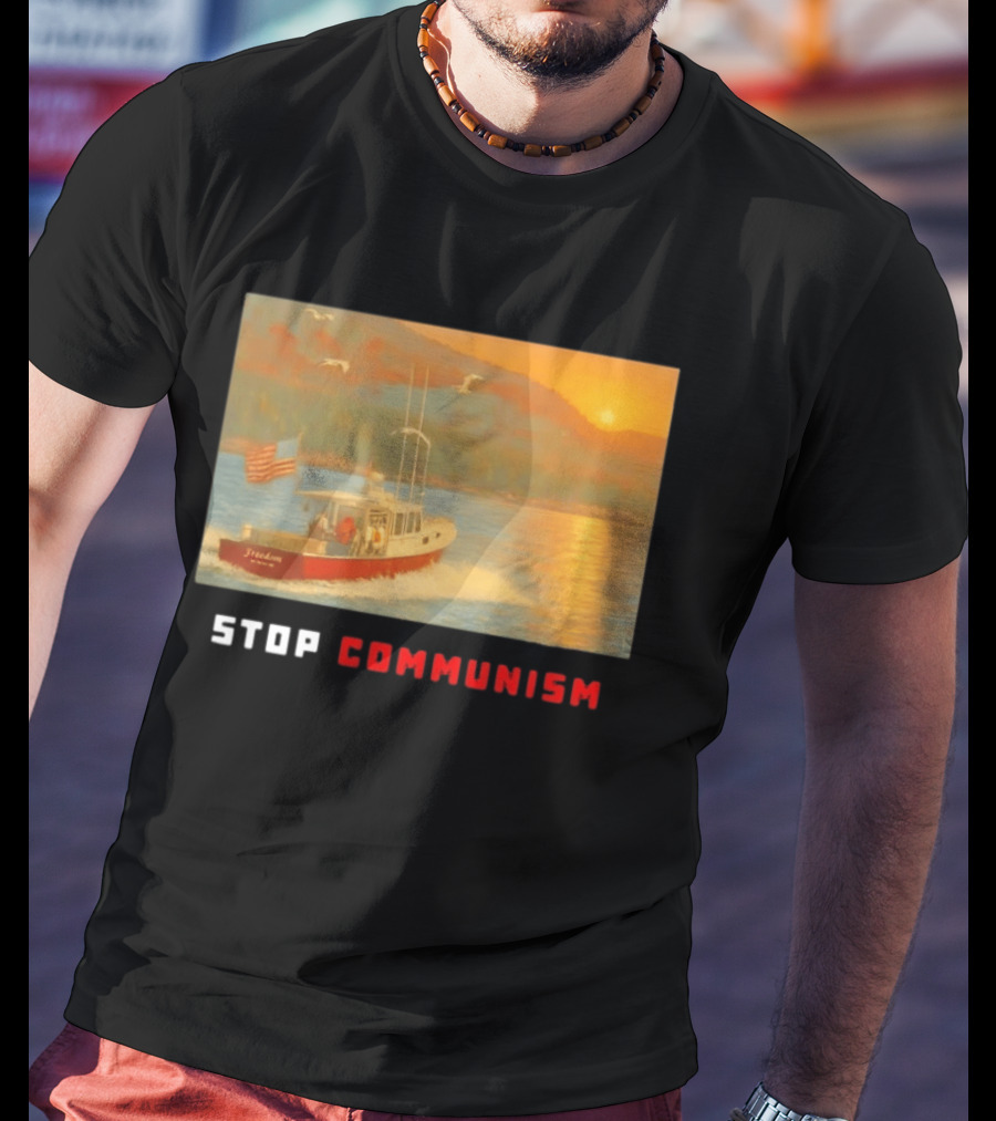 Stop Communism Freedom Boat American Flag Sunset Landscape T-Shirt
