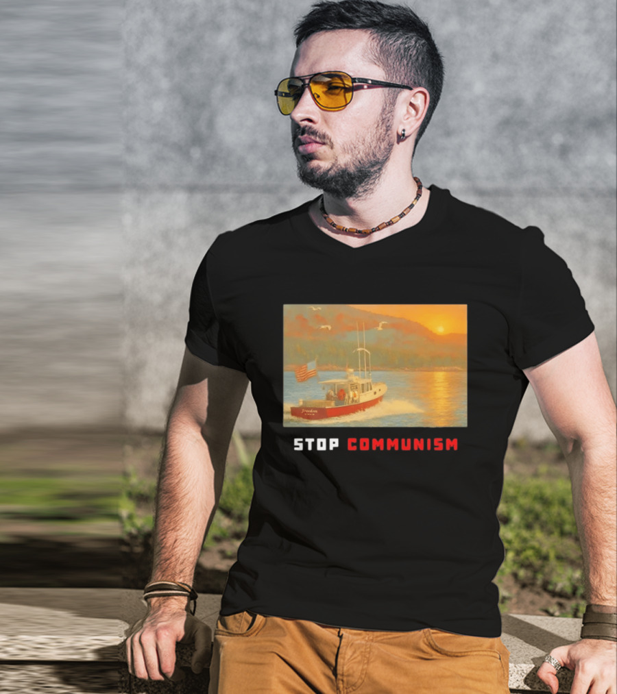Stop Communism Freedom Boat American Flag Sunset Landscape T-Shirt