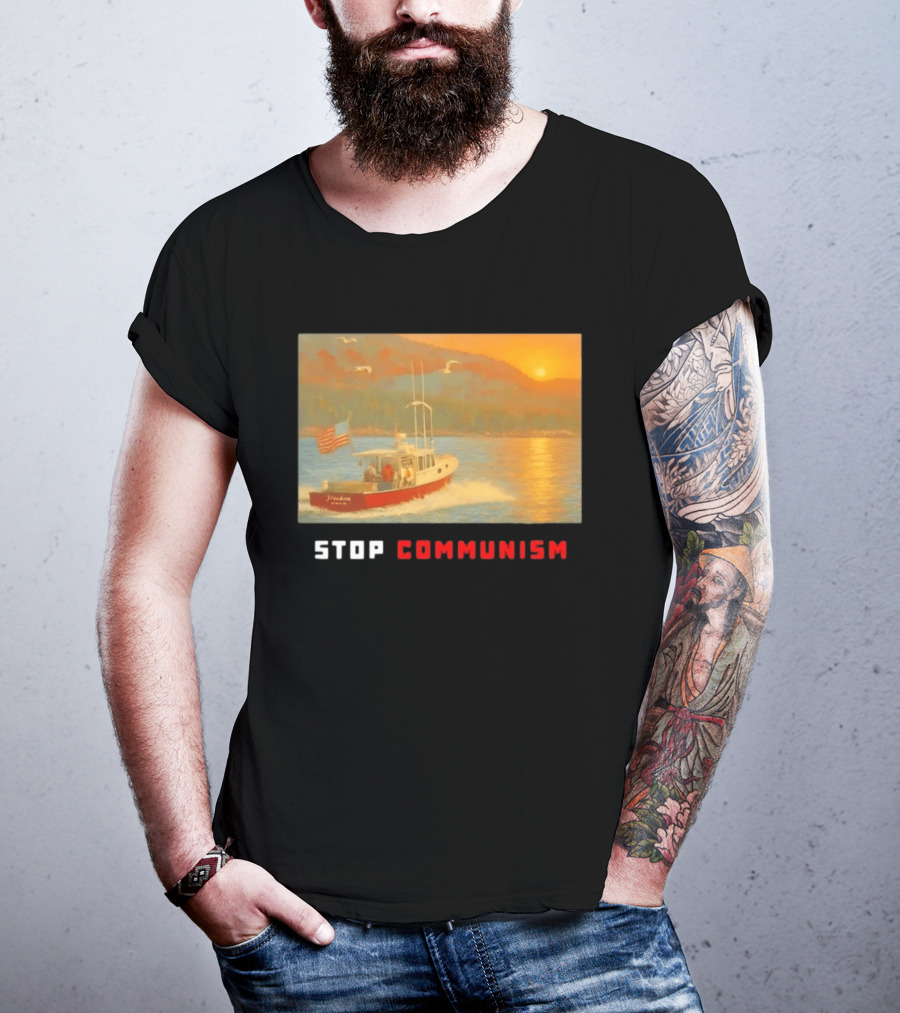 Stop Communism Freedom Boat American Flag Sunset Landscape T-Shirt