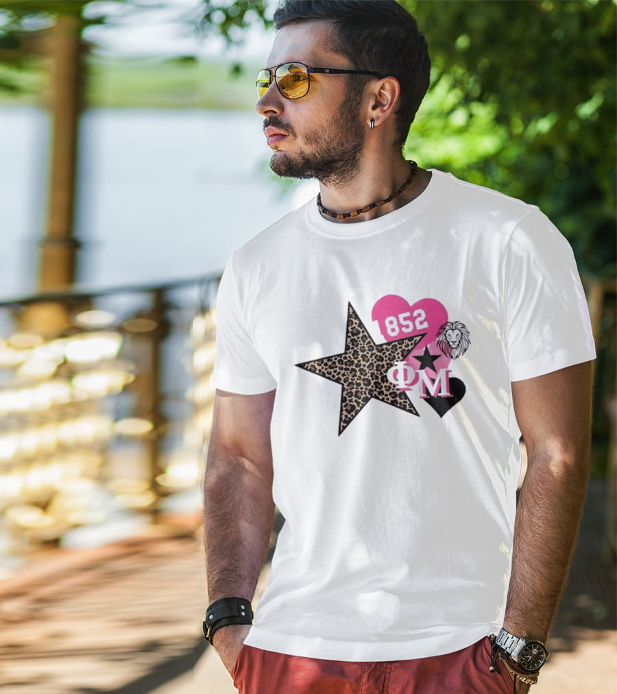 Phi Mu 1852 Leopard Star Lion 852 Pink Heart Sorority T-Shirt