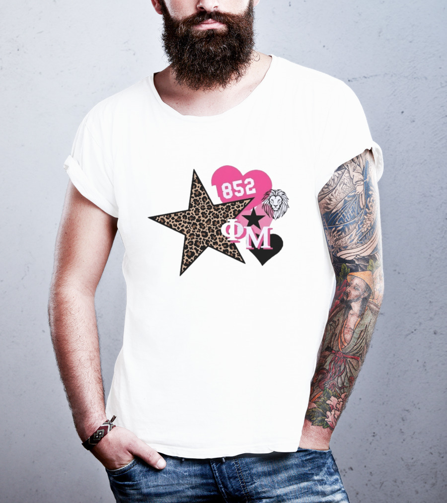 Phi Mu 1852 Leopard Star Lion 852 Pink Heart Sorority T-Shirt