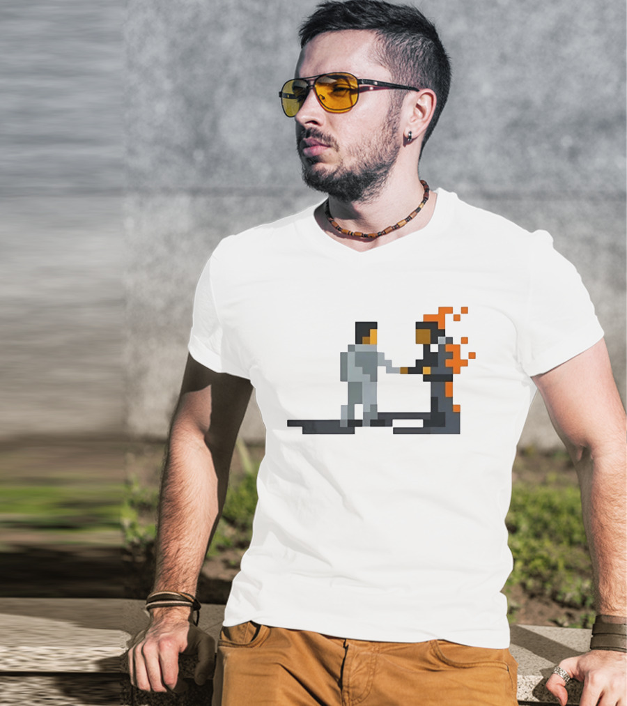 Pink Floyd Wish You Were Here Pixelated Two Men Shaking Hands Flames T-Shirt