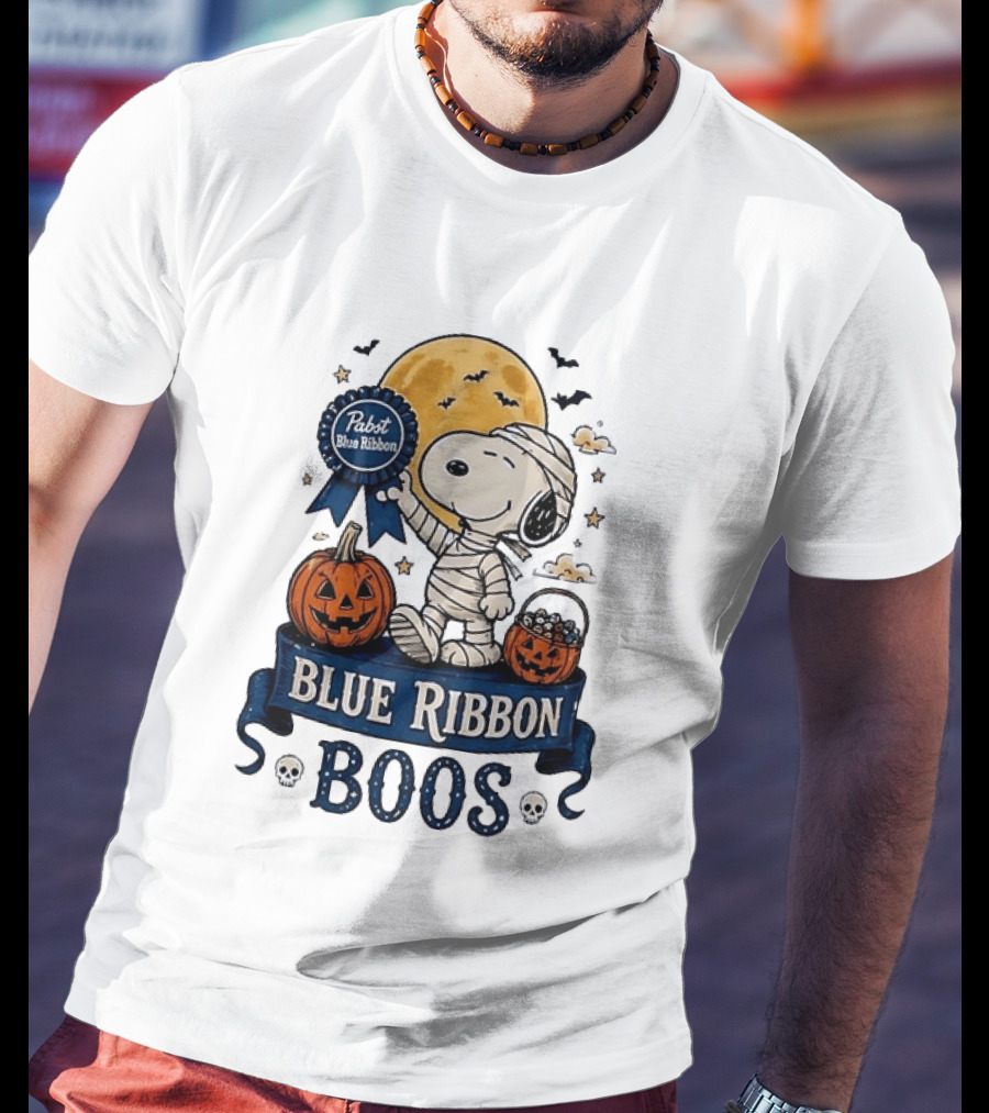Pabst Blue Ribbon Snoopy Mummy Halloween Blue Ribbon Boos Pumpkin Moon Bats T-Shirt