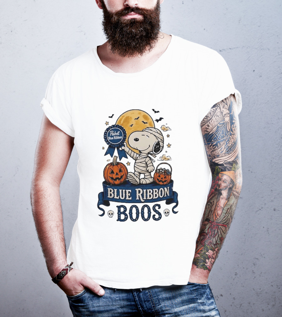 Pabst Blue Ribbon Snoopy Mummy Halloween Blue Ribbon Boos Pumpkin Moon Bats T-Shirt
