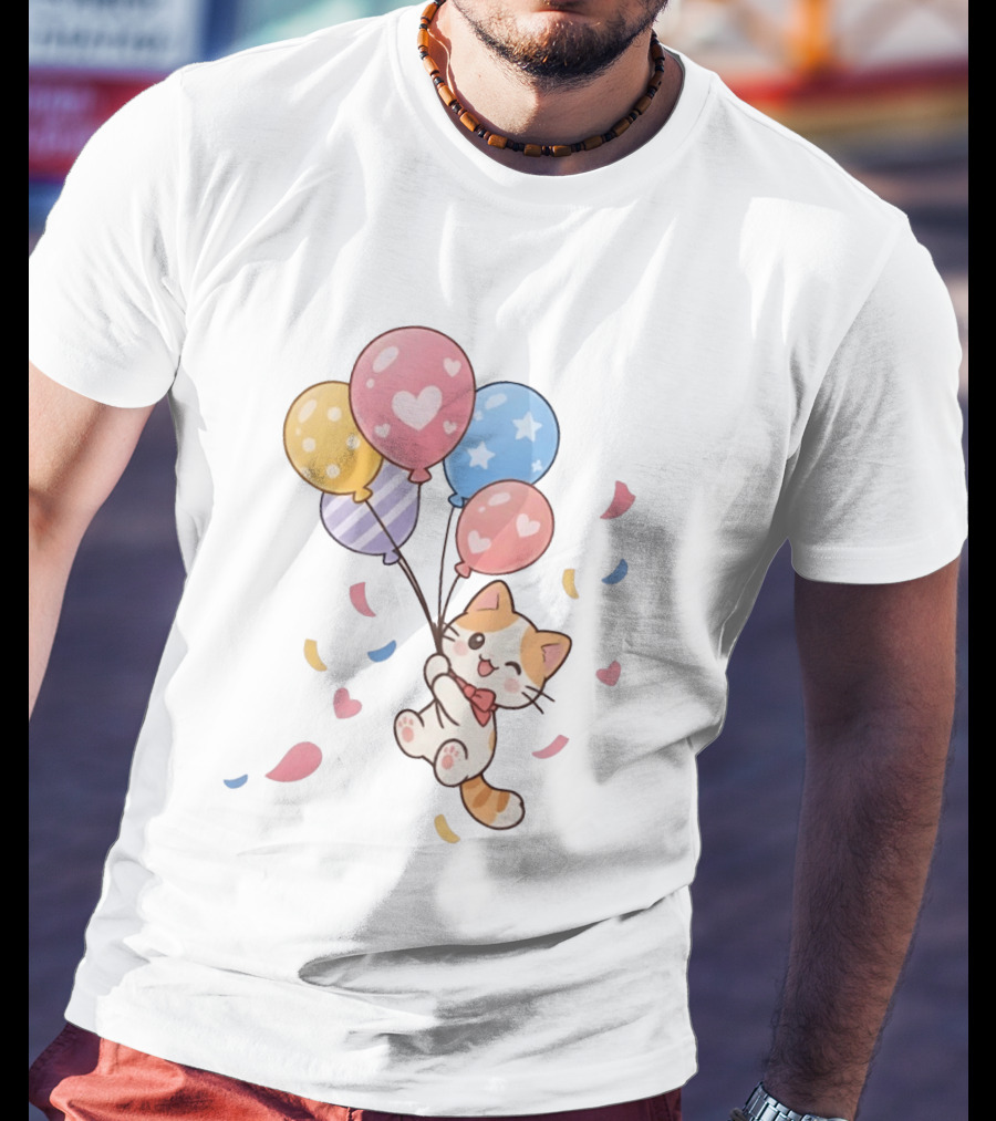 Cat Floating With Colorful Balloons T-Shirt