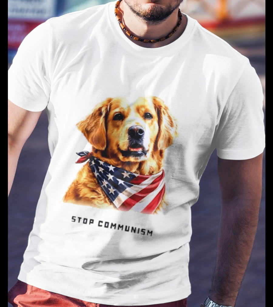 Golden Retriever Wearing American Flag Bandana Stop Communism T-Shirt