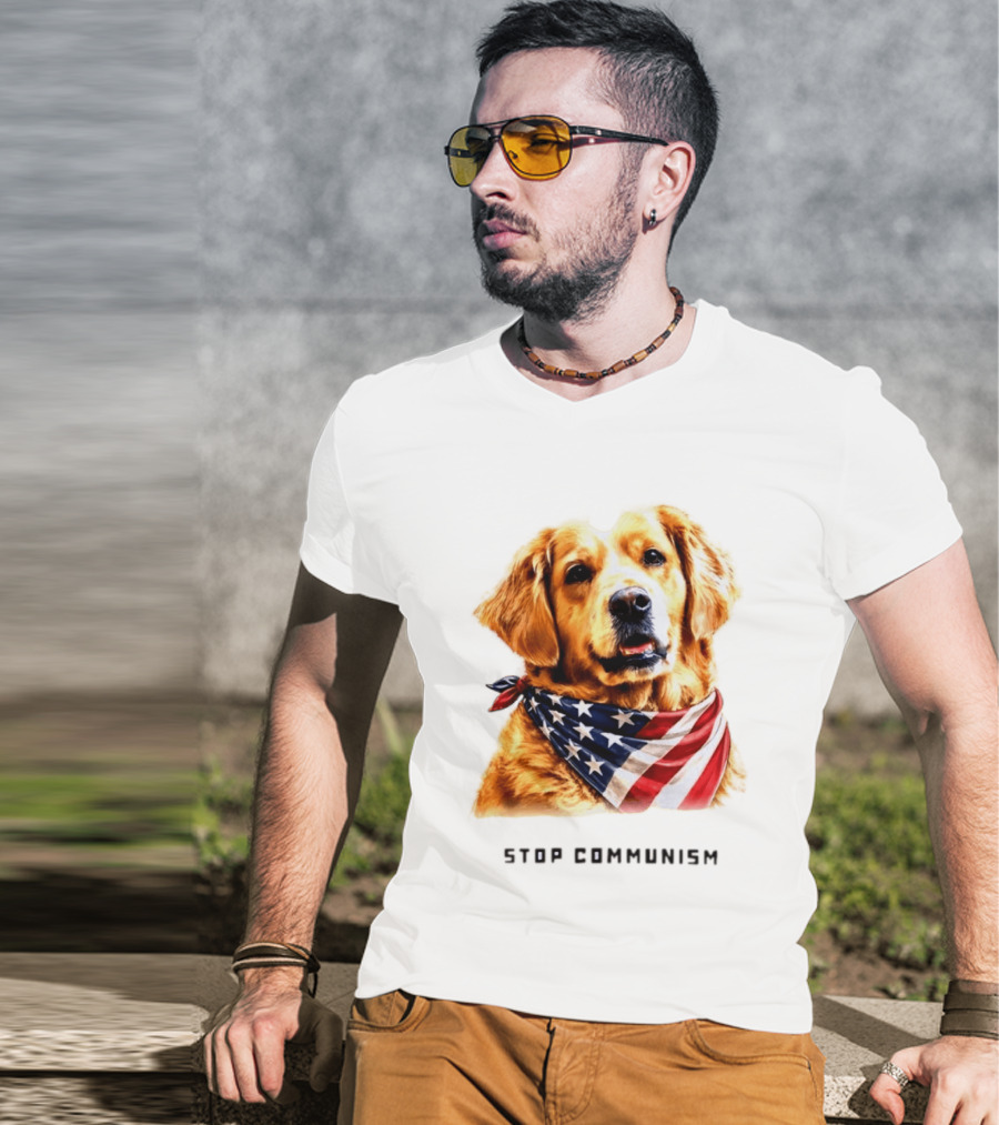 Golden Retriever Wearing American Flag Bandana Stop Communism T-Shirt