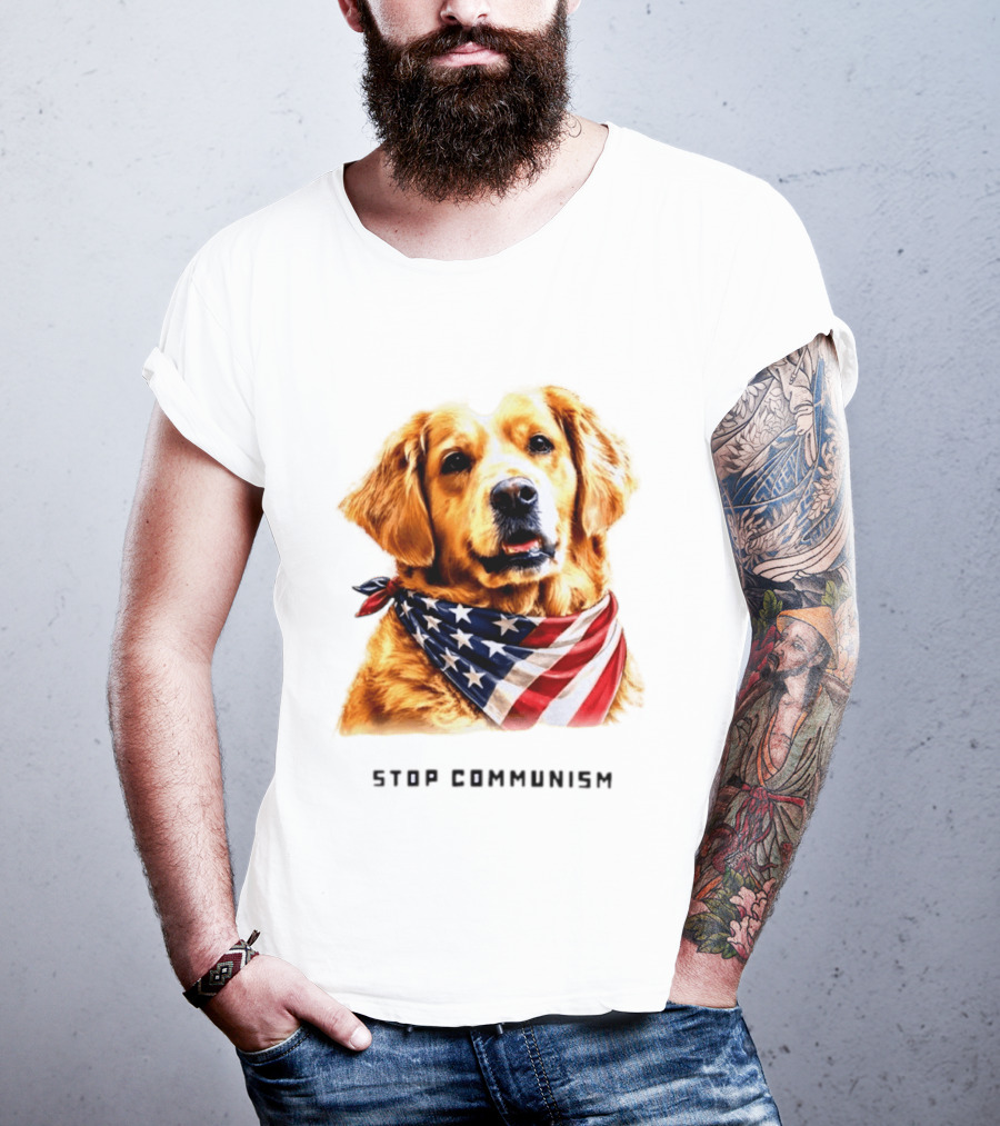 Golden Retriever Wearing American Flag Bandana Stop Communism T-Shirt