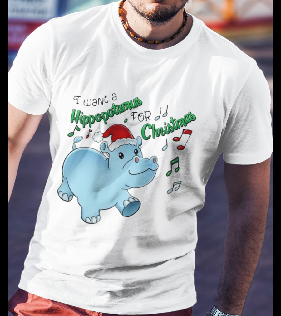 Inktastic I Want A Hippopotamus For Christmas Hippo In Santa Hat T-Shirt
