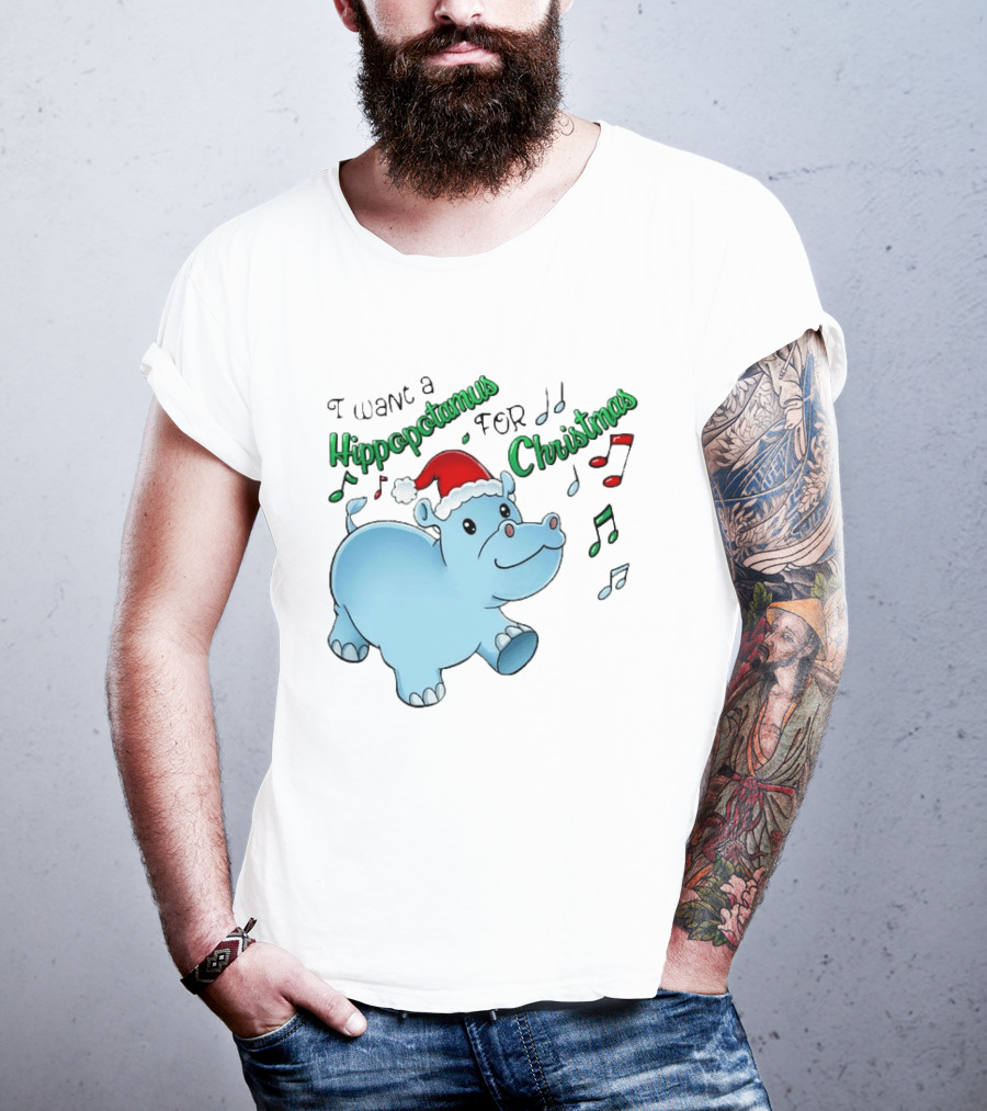 Inktastic I Want A Hippopotamus For Christmas Hippo In Santa Hat T-Shirt