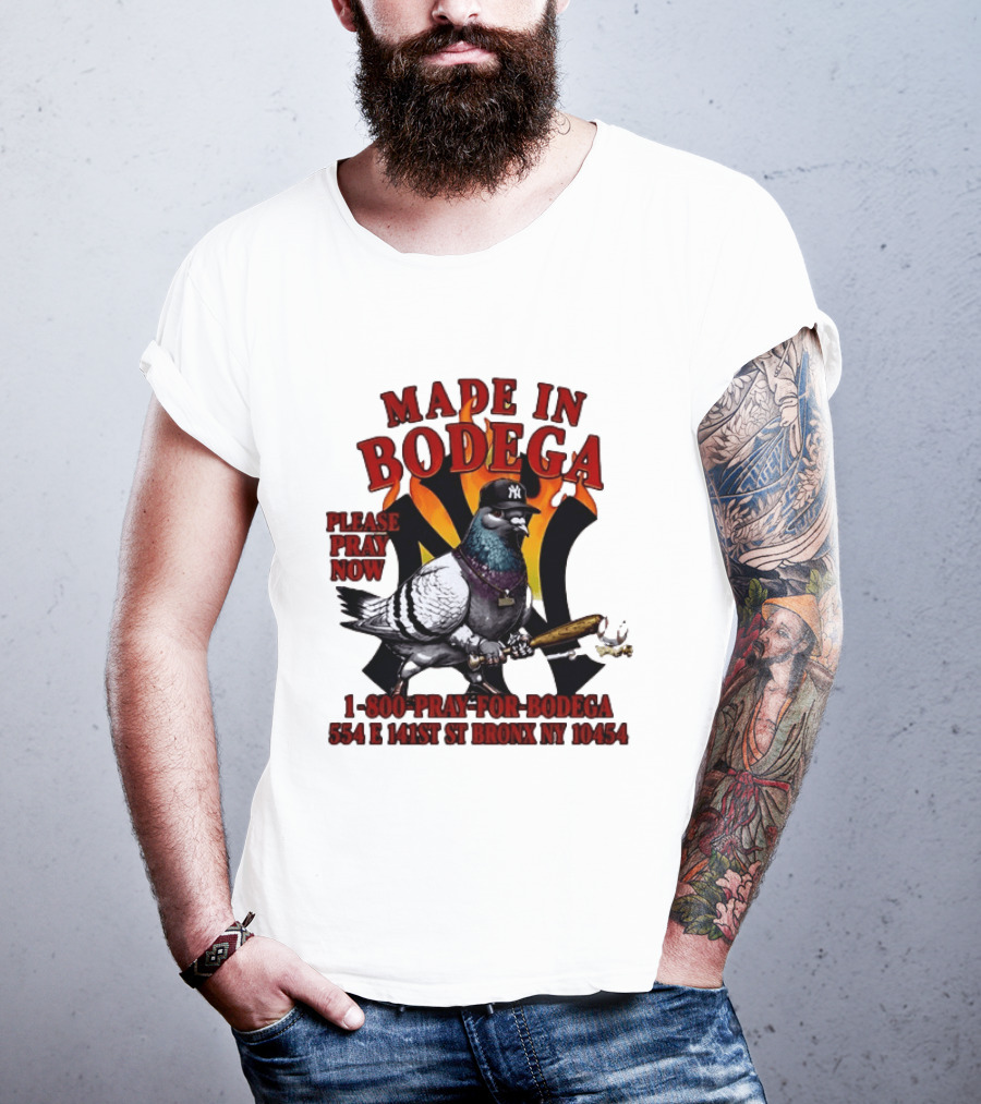 Made In Bodega New York Yankees Pigeon Baseball T-Shirt