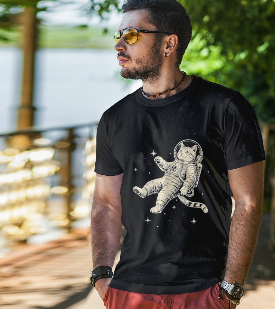Astronaut Cat Floating In Space With Stars And Helmet T-Shirt