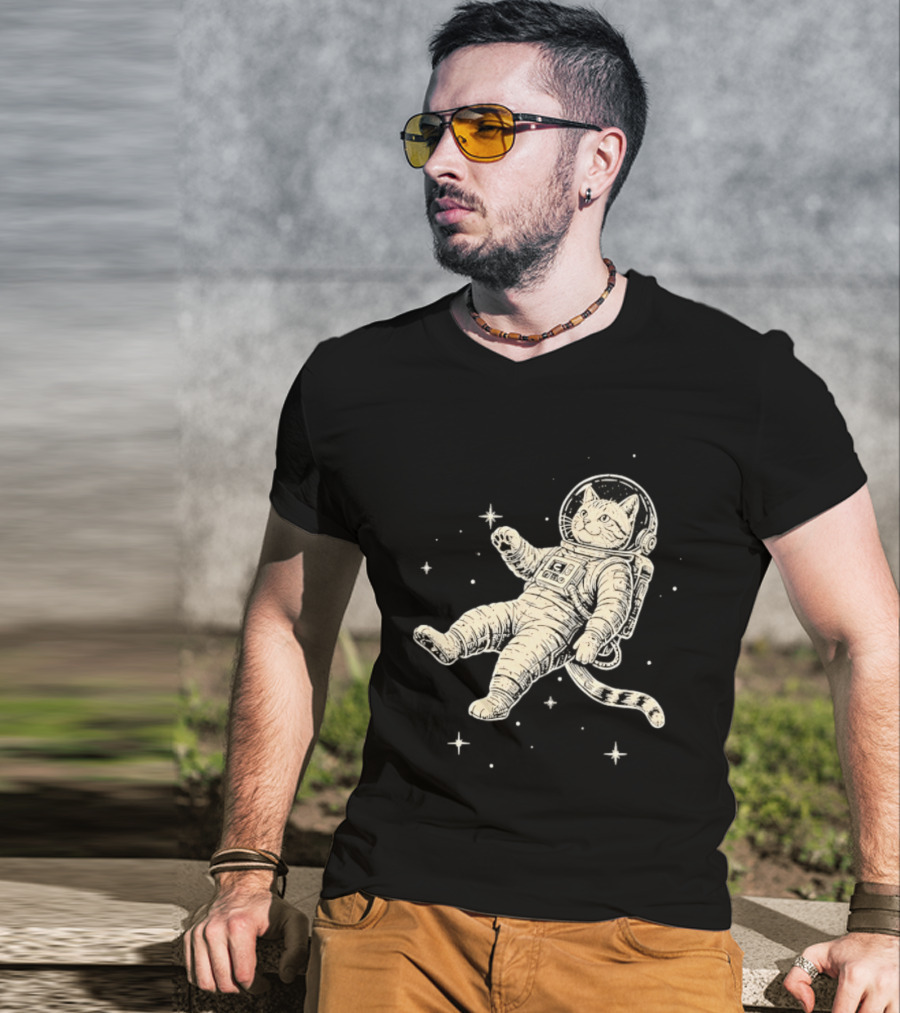 Astronaut Cat Floating In Space With Stars And Helmet T-Shirt