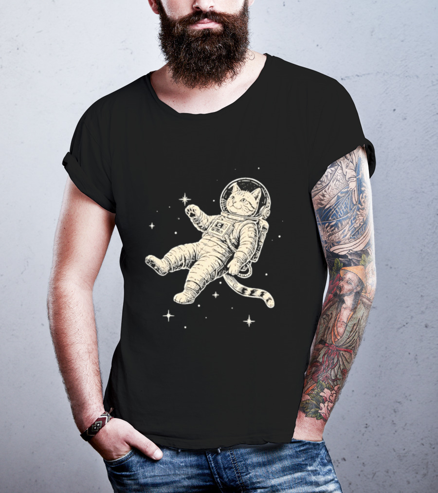 Astronaut Cat Floating In Space With Stars And Helmet T-Shirt