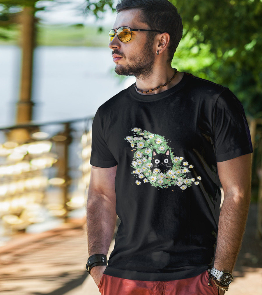 Black Cat Surrounded By Daisies In A Field T-Shirt