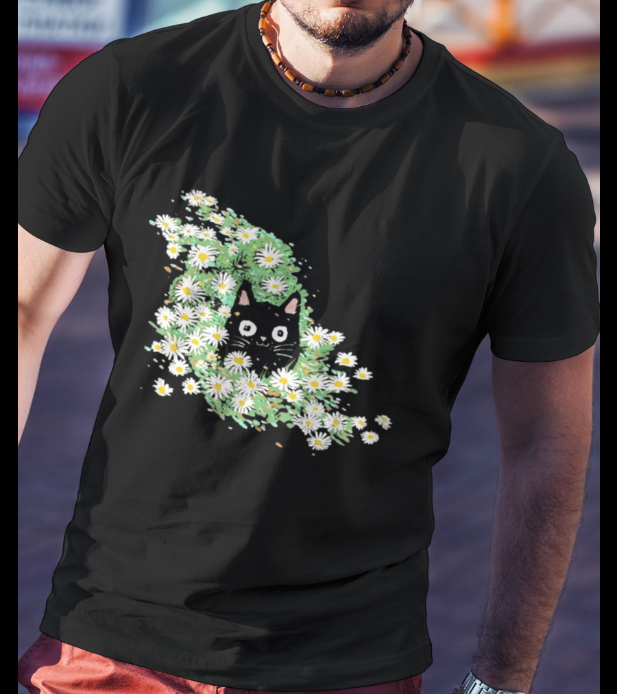 Black Cat Surrounded By Daisies In A Field T-Shirt