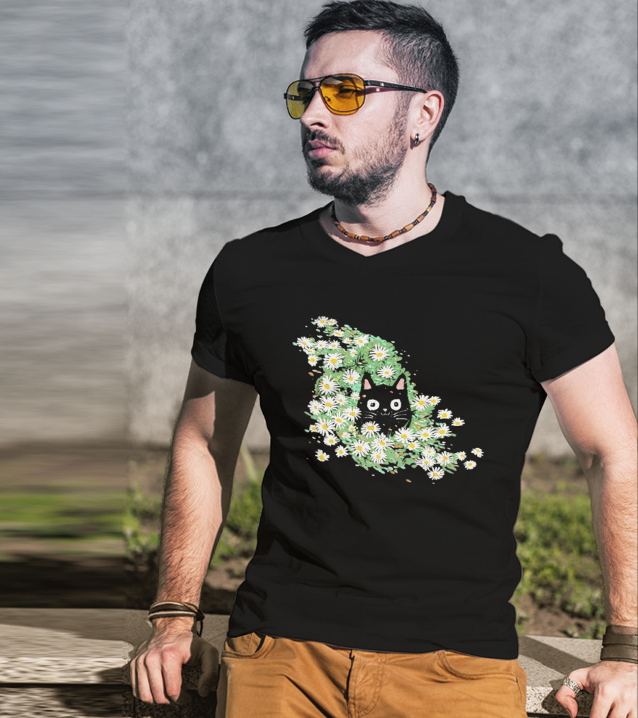 Black Cat Surrounded By Daisies In A Field T-Shirt