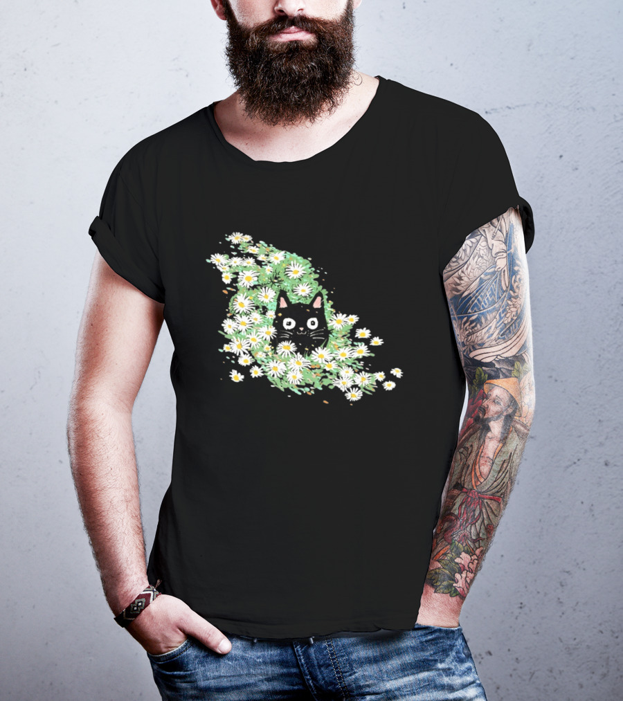 Black Cat Surrounded By Daisies In A Field T-Shirt