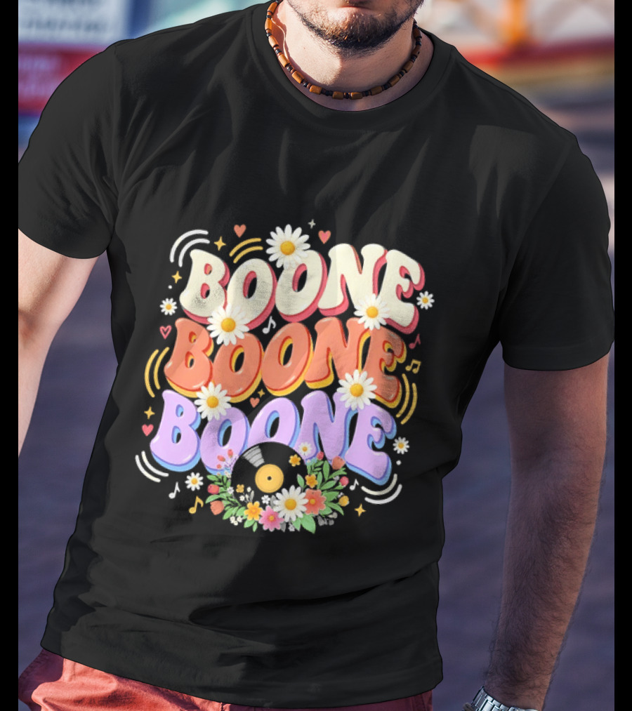 Boone Floral Vinyl Record Music Lover Colorful Daisy Notes Hearts T-Shirt