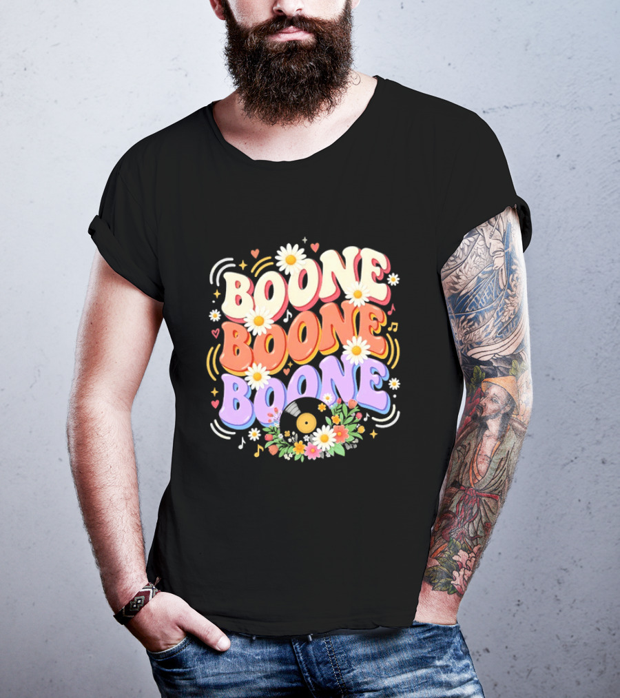 Boone Floral Vinyl Record Music Lover Colorful Daisy Notes Hearts T-Shirt