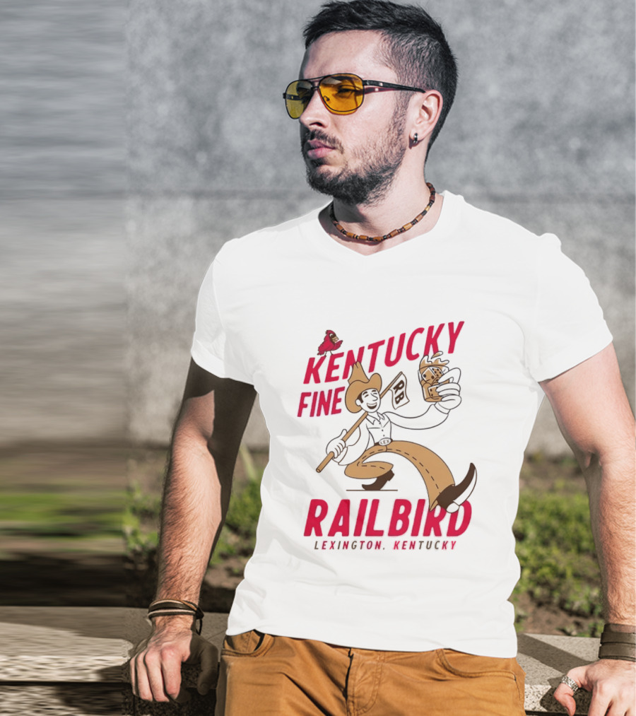 Kentucky Fine Railbird Lexington Kentucky Cowboy With Trophy And Cardinal T-Shirt