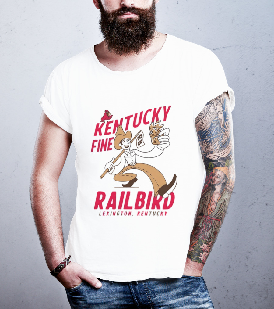 Kentucky Fine Railbird Lexington Kentucky Cowboy With Trophy And Cardinal T-Shirt