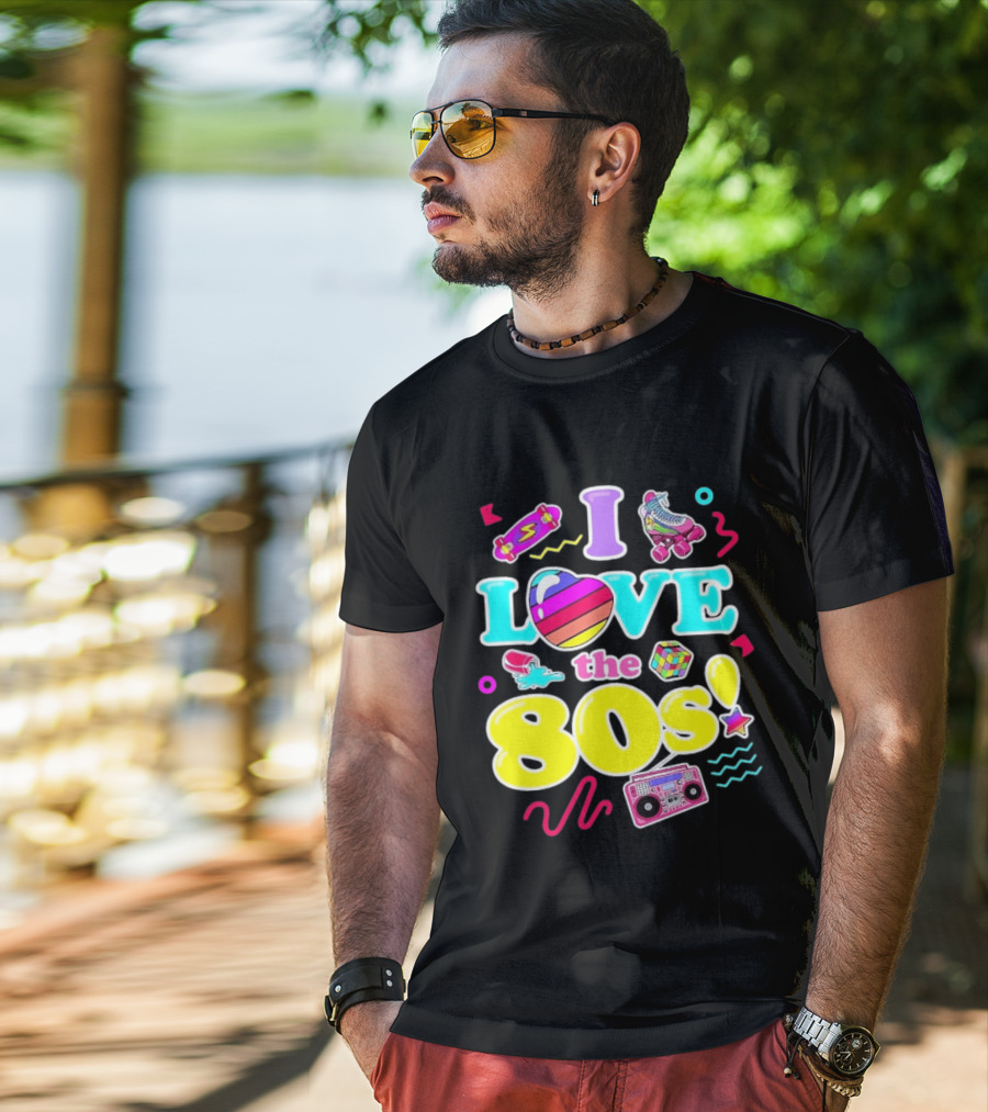 I Love The 80s Nostalgia Roller Skates Boombox Rubik's Cube Retro Fun T-Shirt